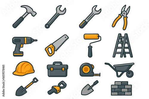 Cartoon construction tools set: diverse equipment icons for building and repair projects