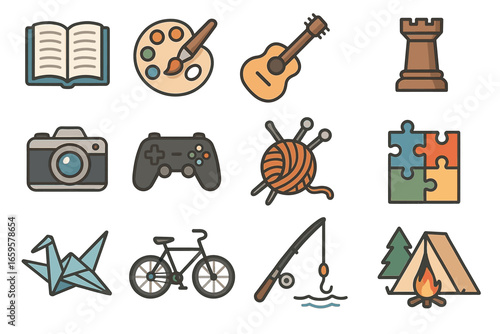 Array of hobby icons: art, music, games, and outdoor activities