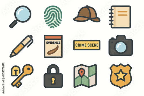 Detective tools and icons featuring magnifying glass fingerprint evidence and map
