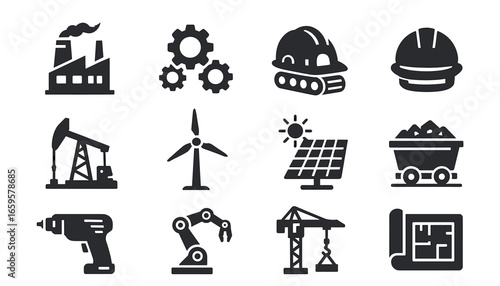 Industrial icons: energy, construction, and tools symbol set in black