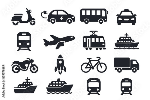 Icons of various transportation modes: cars, trains, planes, and more
