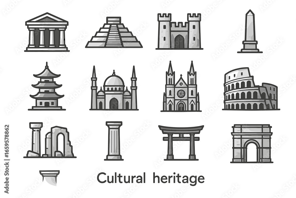 Fototapeta premium Icons of global cultural heritage: temples, mosques, cathedrals, castles, landmarks
