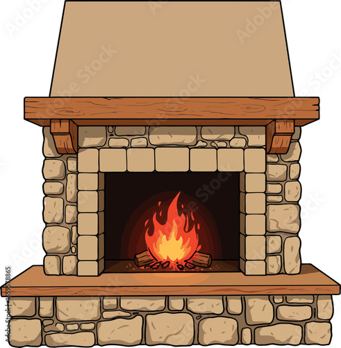 Cozy stone fireplace with warm flickering flames and wooden mantlepiece for inviting home interiors vector
