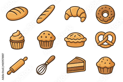 Assorted bakery icons: bread, croissant, donut, cupcake, pie, pretzel, pastry tools
