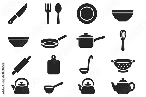 Silhouette collection of kitchen utensils and cookware icons