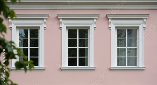 Wallpaper Mural Three elegant windows on a pink building wall displaying architectural details and aesthetic design Torontodigital.ca