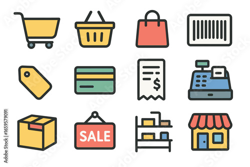Shopping icon set featuring basket, cart, receipt, and sale elements for retail themes