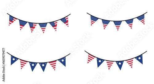 American flag bunting garlands with hearts and stripes on a white background