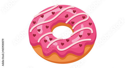 A pink frosted donut with white icing and heart sprinkles on top
