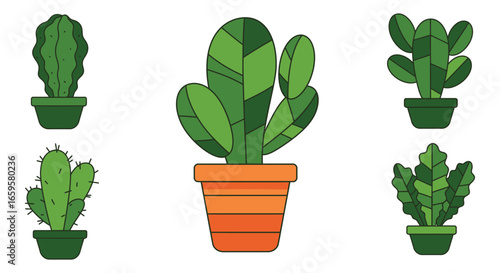 A group of cartoon cacti and succulents in pots on a white background