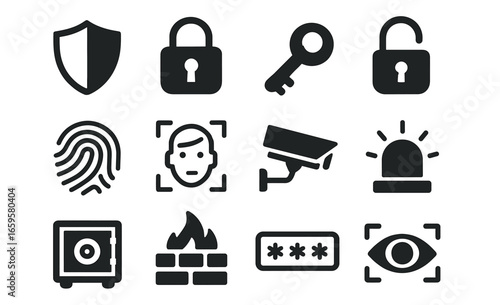 Security icons collection with lock, key, camera, and shield symbols