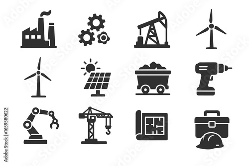 Industrial and energy icons: factory, oil rig, wind turbine, solar panel, mining, construction
