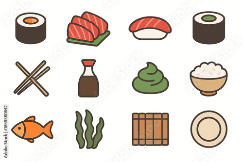 Japanese cuisine icons: sushi, wasabi, rice, soy sauce, chopsticks - minimalist design