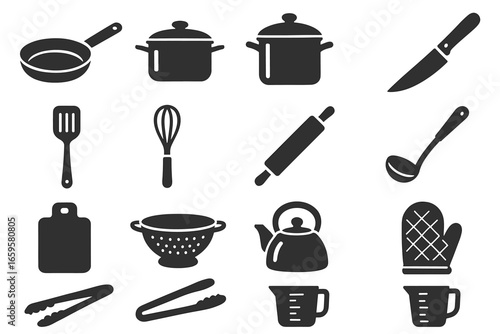 Essential kitchen utensil silhouettes: pan, pot, knife, whisk, ladle, cutting board, teapot, mitt