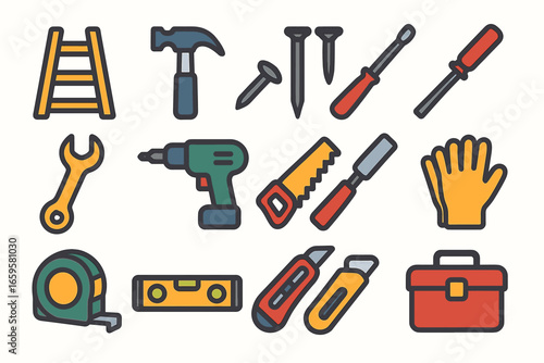 Collection of colorful hand tools: hammer, screwdriver, drill, ladder, toolbox, saw