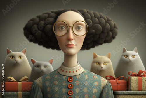 Crazy cat lady at Christmas, surreal greeting card illustration, quirky festive funny.