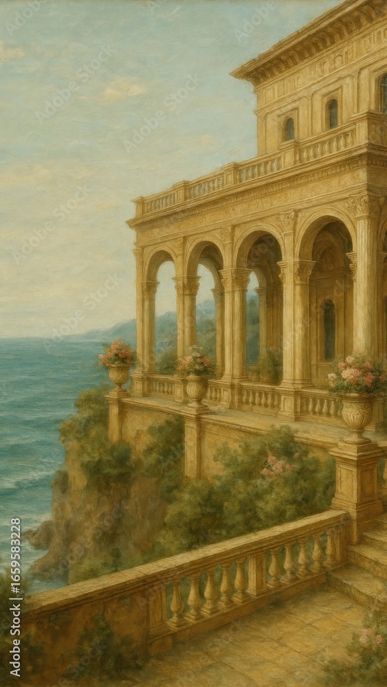 Fototapeta premium Elegant coastal villa architecture illustration.