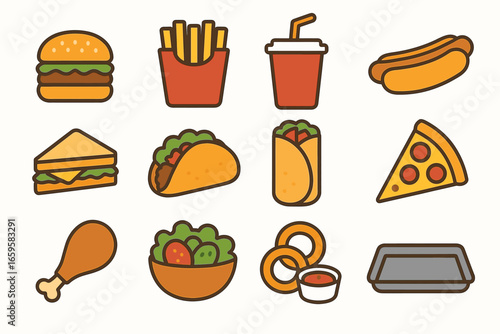Colorful icons of popular fast food items: burgers, fries, drinks, pizza, tacos, and more
