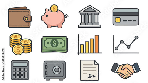 Financial icons: wallet, piggy bank, bank, credit card, currency, chart, calculator, safe, contract, handshake, stack, money bag