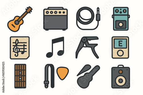Musical instrument icons: guitar, amplifier, cables, notation, and more