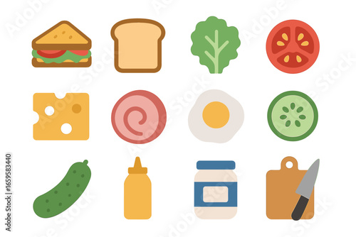 Icons of sandwich ingredients: bread, vegetables, cheese, and condiments