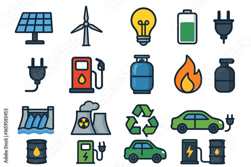 Renewable energy icons: solar, wind, electric cars, recycling, nuclear, hydroelectric