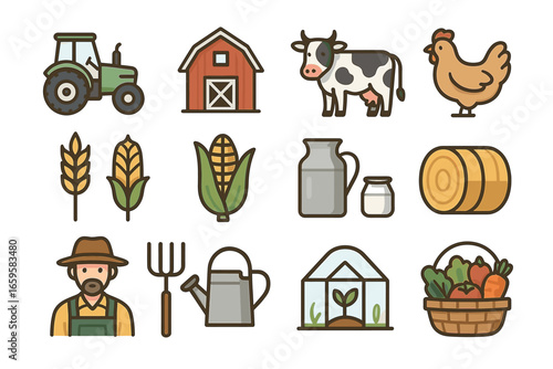 Farm life icons: tractor, barn, livestock, crops, and tools in cartoon style
