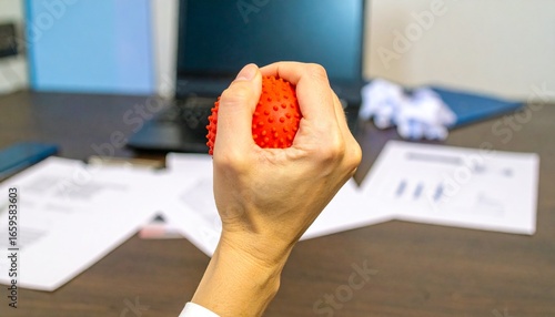 Close-up of hand squeezing stress ball on work desk, symbolizing stress relief, productivity, mental health, and workplace focus