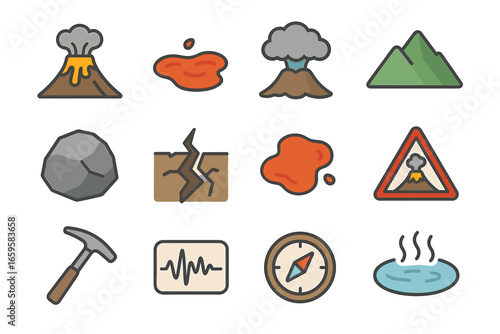 Volcano eruption and geological icons: lava, mountains, earthquakes, compass, hammer, hot spring