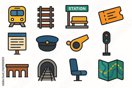 Train travel icons: station, ticket, tracks, and railway elements illustrated