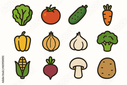Colorful assorted vegetables illustration in a minimalist cartoon style
