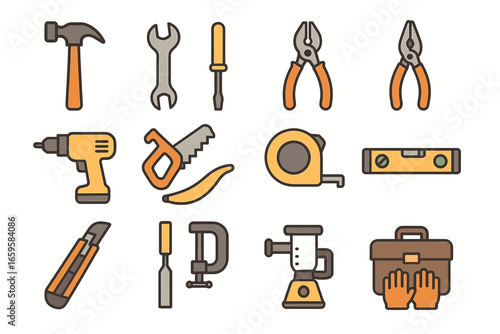 Vector icons of hand tools including hammer, wrench, screwdriver, pliers, drill, saw, tape measure, level, and tool box