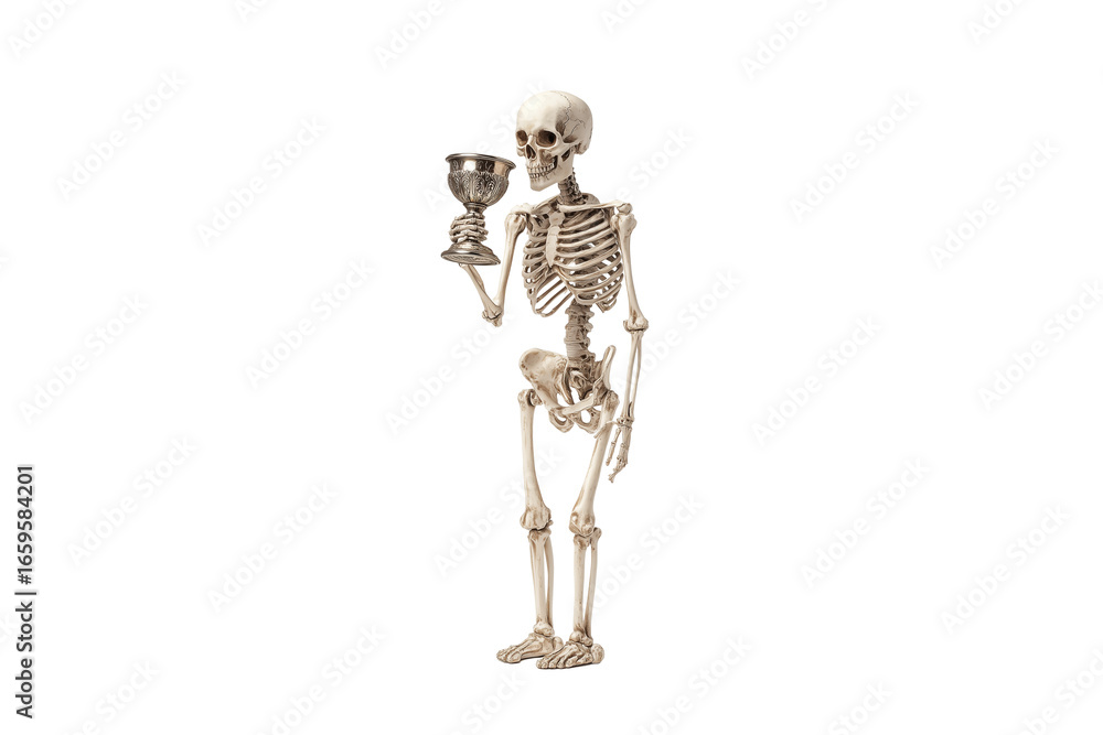 Fototapeta premium A Halloween skeleton drinking from a goblet, isolated on a transparent background.