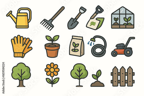 Gardening tools and plants icons: trowel, rake, hose, greenhouse, gloves