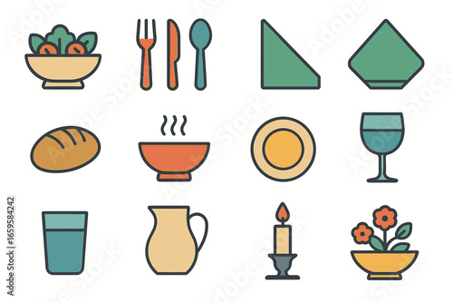 Set of dining icons including silverware, napkins, and tableware
