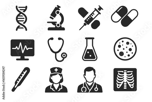 Medical icons set: dna, microscope, syringe, nurse, doctor, thermometer, x-ray