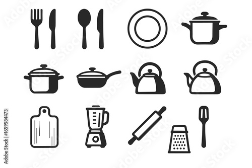 Collection of kitchen utensils and cookware icons including pot, pan, kettle, blender, and grater