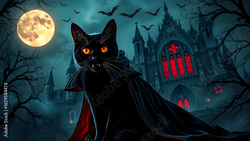 halloween background with vampire cat