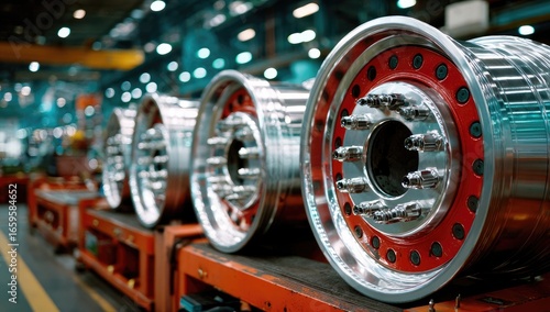 Polished metal truck/trailer hubs on a factory production line