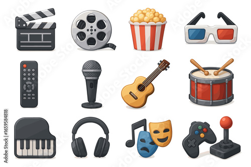 Collection of entertainment and music icons including film, food, and instruments