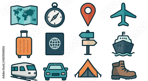 Travel icons collection: map, compass, airplane, luggage, passport, tent, camera, boat