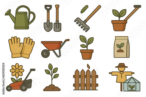 Garden tools and plants: watering can, shovel, rake, potted plant, gloves, wheelbarrow, seed bag, scarecrow