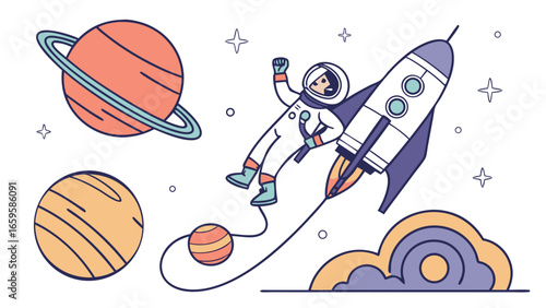 Illustration of an astronaut floating in space with planets rocket stars and a stylized cloud design created with generated ai
