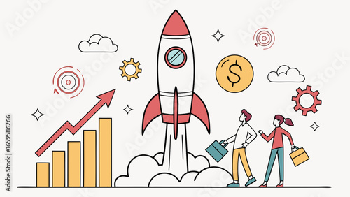 Rocket launching with business people, graph, coin, gear, clouds and stars around it in a vector illustration created with generated ai