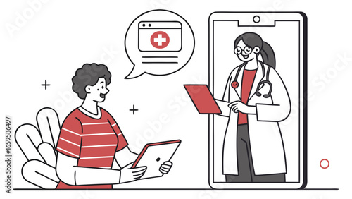 Woman having a telehealth appointment with a doctor on a mobile phone holding a tablet device in hand created with generated ai