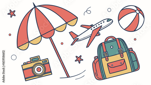Illustration of beach umbrella, airplane, beach ball, camera and backpack for vacation and travel theme created with generated ai