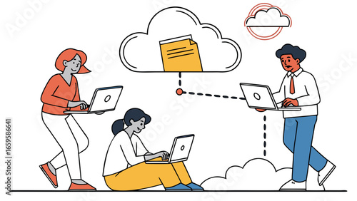 Three people using laptops connected to a cloud storage service for file sharing and collaboration created with generated ai