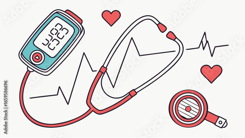 Medical illustration featuring blood pressure monitor stethoscope heart and heartbeat line art design created with generated ai