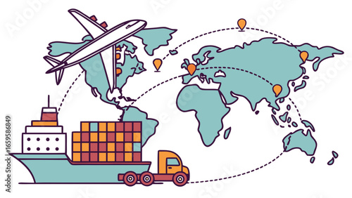 Global logistics network with airplane ship and truck delivering to world destinations shown on map created with generated ai