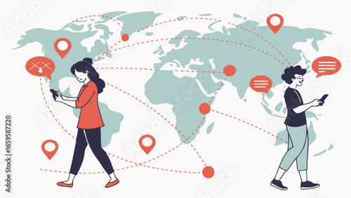 Two people using smartphones connected by a global network of locations and communication bubbles created with generated ai